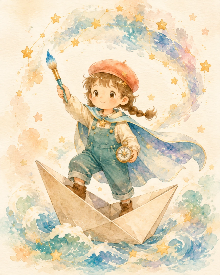 女儿化身星星船长的湿画法水彩角色图