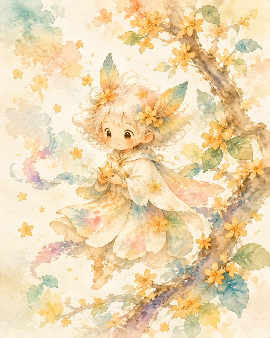 桂花精灵的湿画法水彩角色图