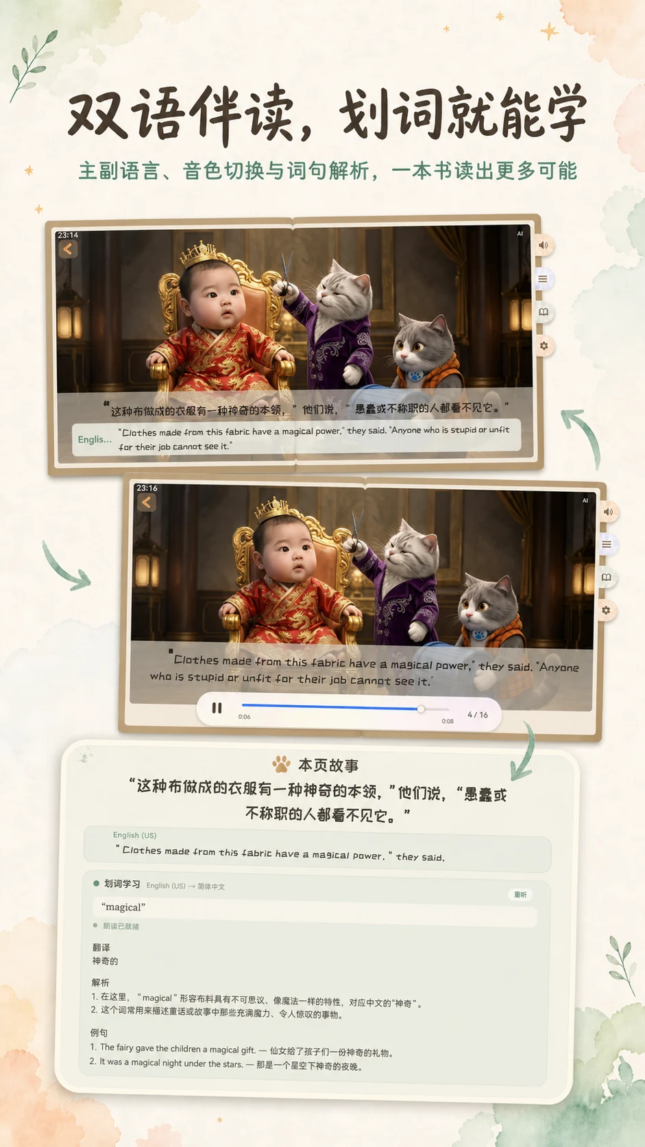 展示双语阅读和学习模式的真实产品介绍图
