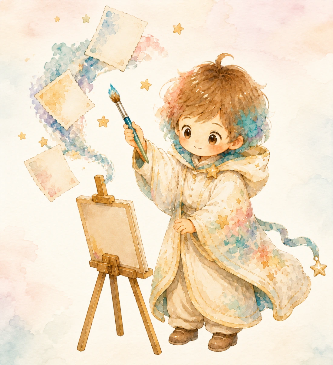 小绘拿着画笔站在画架旁，正在创作家庭绘本